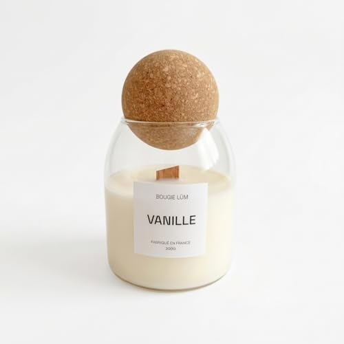 Bougie en Verre avec Bouchon en Liège - Bougie Artisanale – 100% Cire de Soja Végétale - 350g - 70H de combustion - Mèche en Bois – Pot Design - Fait Main en France (Monoï)