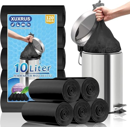 XUXRUS Sacchetti 10 Litri Neri Per Bagno, Piccoli Sacchi Immondizia, 120Pz | Sacchetti Immondizia Piccoli Resistenti Anti-Strappo, formato 45x50cm Per Casa E Ufficio