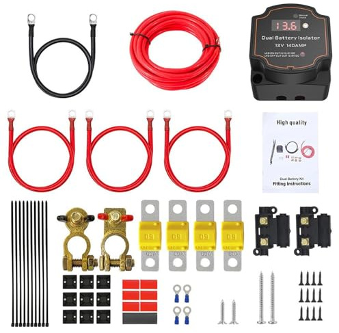 Spannungsgesteuertes Trennrelais Kit 12V 140Amp, 3 Meter Doppelbatterie Isolator Kit Manueller/Auto Modus Dualer Batterietrenner VSR mit LED Bildschirmanzeige für Auto,Wohnmobil,Boot