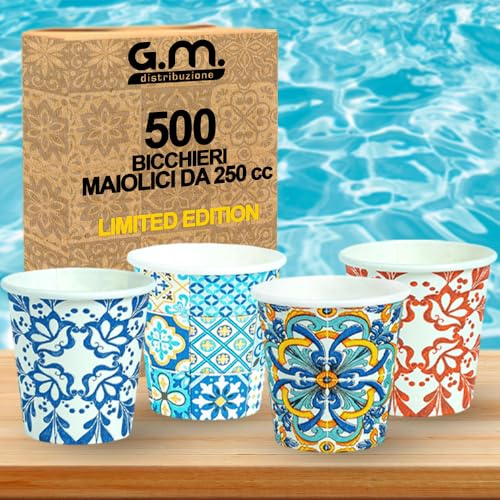 500 Pezzi Bicchieri da Cappuccino in Carta con Grafiche Maioliche, 250 ml, Biodegradabili Biocompostabili, Usa e Getta, 4 Colorazioni, Ideale per Casa, Ufficio, Asporto Bevande Calde
