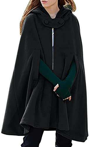 Generisch Winterjacke Damen Fleecejacke Mit Kapuze Medium Frauen Cape Winter Mantel Mode Wollmantel (Black, M)