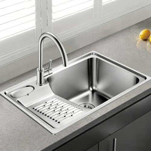 Einbauwaschbecken mit Armatur, Waschbecken aus Edelstahl 304 mit Waschbrett, Abtropffläche und Abflussrohr für Badezimmer, Toiletten und Balkone