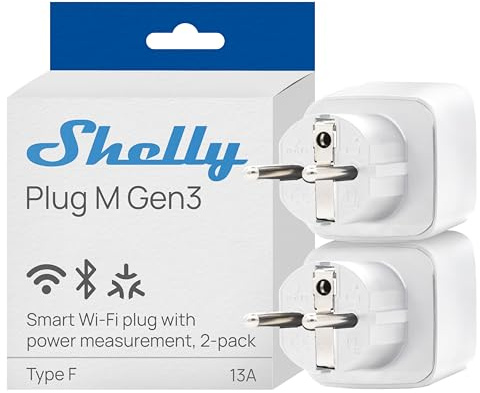 Shelly Plug M Gen3 Weiß - WLAN & Matter Smarte Steckdose, Leistungsmessung, 13A, 3000W, Zeitschaltuhr, Stecker, Smart Home Stecker, Alexa & Google, Apple HomeKit, Kein Hub Erforderlich (2 Stück)