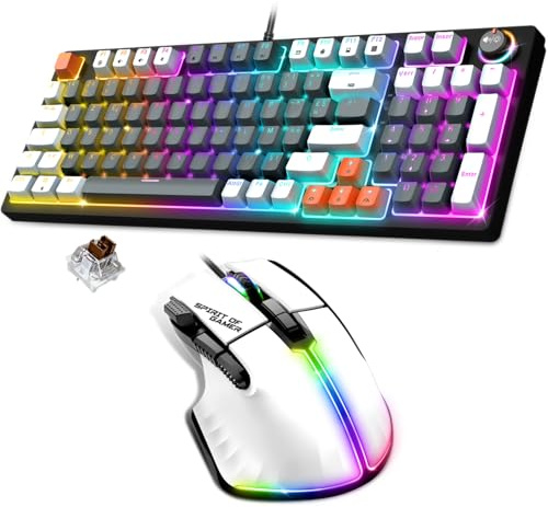 Spirit Of Gamer, Pack Clavier Souris Gamer sans Fil RGB, Clavier Gamer Mécanique AZERTY, 97 Touches à Switch Marron 100% Antighosting, Souris Gamer Blanche Filaire pour PC 12800 DPI