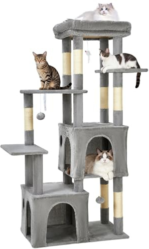 GarveeHome Torre Rascadora para Gatos Grandes - Árbol De 156 cm con 7 Postes De Sisal Natural, Plataforma Extra Grande y 2 Casas, Estructura Robusta para Maine Coon y Gatos Pesados - Gris