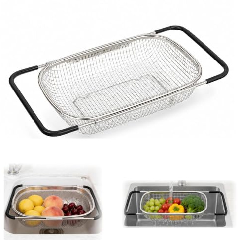 Passoire de cuisine extensible - 27 x 18 x 11,5 cm - Passoire d'évier en acier inoxydable avec tamis fin et poignée en caoutchouc - Pour évier - Pour égoutter, laver les fruits et légumes