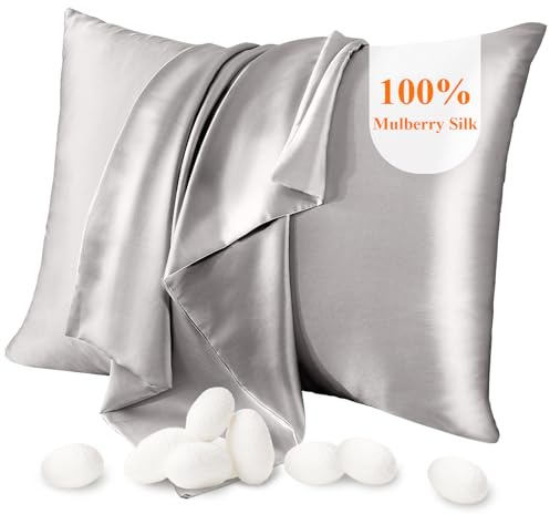 Jaciu Federa 100% seta, per capelli e pelle, federa in seta di gelso su entrambi i lati 21 Momme 600 fili morbidi e traspiranti （Grigio, 51x66cm, 1 pezzo）