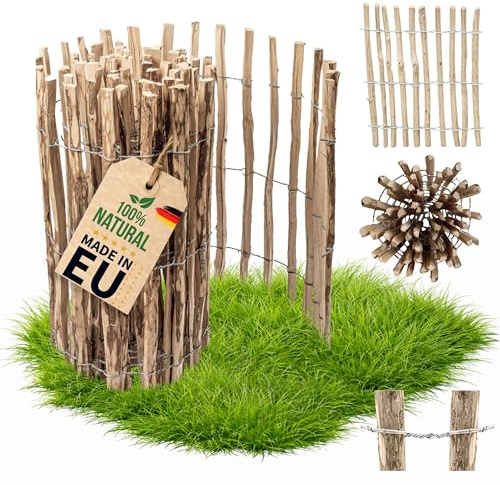 Floranica recinzione a staccionata in nocciolo castagno 5 m lunghezza x 120cm altezza, distanza tra i listelli 12-14cm, recinzione da giardino, staccionata a rotolo, pali per recinzioni