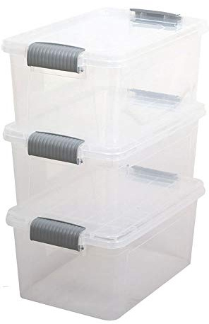 violet Caja Organizadora Plástico, Set de 3 Cajas de Plástico Apilables, 11 L, 38x25x18 cm, Transparente, Almacenamiento