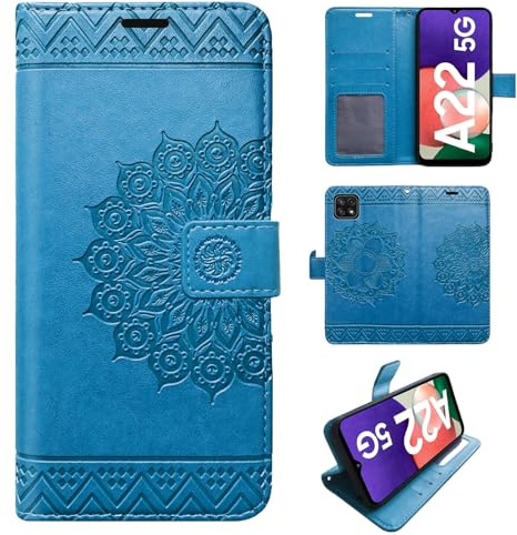 betterfon Fodral för Samsung Galaxy A22 5G mobilskal, skyddsfodral Samsung A22 5G, flipskal, mobilskal, hopfällbart fodral med kortfack för Galaxy A22 5G SM-A226B blå