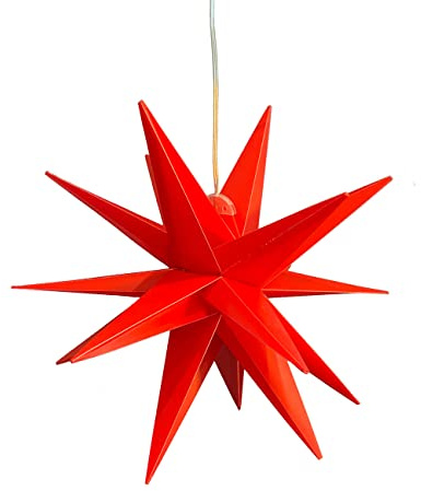 STEINFIGURENWELT GIEBEN LED WEIHNACHTSSTERN 3D Ø 25 cm 18 Zacken inkl. Leuchtmittel + Timer LEUCHTSTERN Außenstern Faltstern Adventsstern Wetterfest für außen und innen 5m Kabel von Dekowelt (Rot)