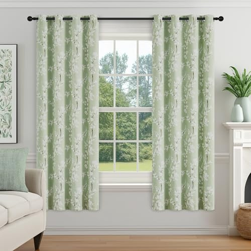 Fmfunctex Green Floral Blackout Curtains for Bedroom 72 inch Drop Eyelet Curtains for Living Room Nursary Blossom Thermal Insulated Window Curtain Panels 2 Panels White on Green