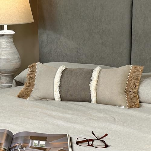 TAPIDECOR | Pack 1 Funda + 1 Relleno Cojín Cama | Modelo Espiga | Decoración Hogar | CREA tu Look | Cojin para Dormitorio | Diseño Moderno, Elegante | Tejido Suave | Color Arena y Gris Topo | 60x30cm