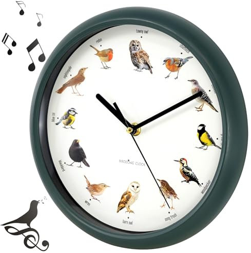 GEEZY Singing Bird Wall Clock with Native Sounds – 12 Species Including Cuckoo, Robin & Owl – Green Nature-Inspired Design with Auto Night Silence – Educational Novelty for Home, Gift for Bird Lovers