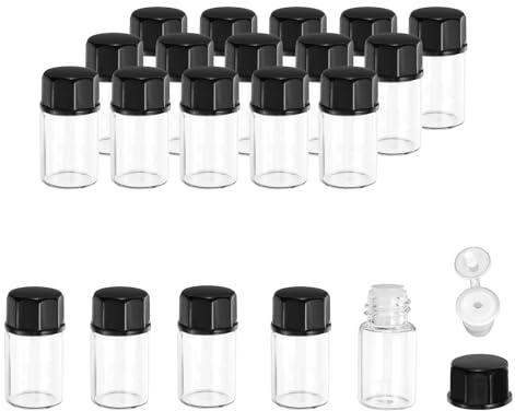 PATIKIL 2 ml flaskor med eteriska oljor, 20-pack genomskinliga glasflaskor med öppningsreducerare, provflaska, oktogon, skruvlock, förvaring, flaskor, behållare, svart