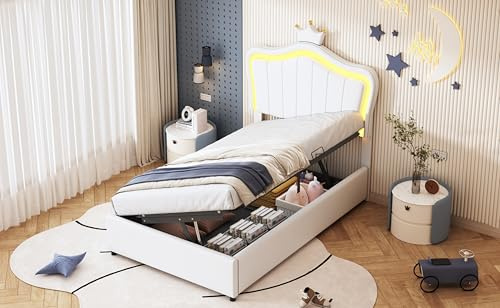 Azkoeesy Cama tapicería Individual PU con Espacio de almacenaje y Somier, Puerta controlable LED aplicación/Mando a Distancia, Apertura la Derecha, Carga máxima 200 kg, Color blanco-LDU00217AAA