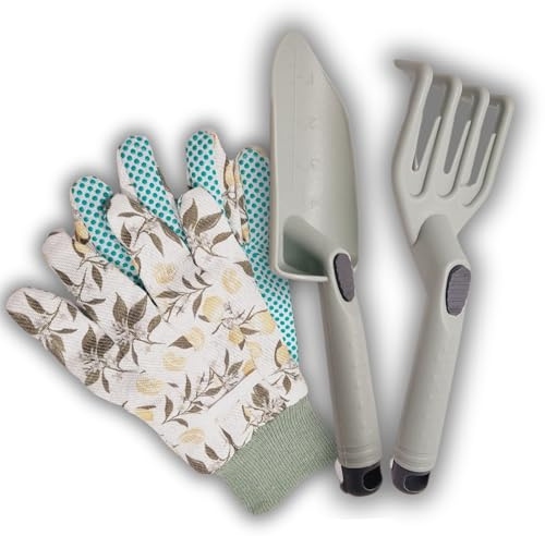 Gartenwerkeug-Set 3-teilig Gartengeräte Set aus robustem Kunststoff, Gartenset Werkzeug, Handschaufel, Harke mit farblich passenden Gartenhandschuhen (Grün)
