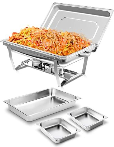 YORKING 9L Chafing Dishes for Buffet, 1 Pack Chafing Dish Buffet Set, Stainless Steel Food Warmers with 1 Full & 2 Half Size Pans Lids Foldable Frames Fuel Holders for Parties Birthday Holiday Events