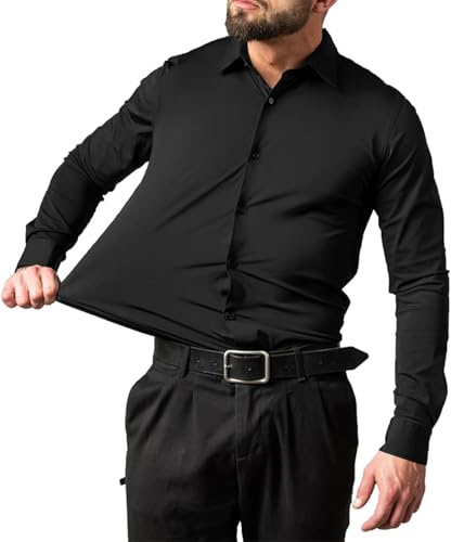 LTHTX Chemise Infroissable Homme, Chemise Extensible Décontractée à Manches Longues, Chemise Slim sans Repassage pour Fête De Mariage (Noir,X-Large)