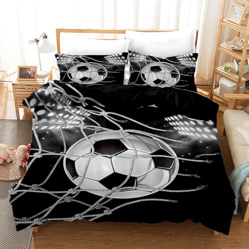 KAIDAARTLH Set de Linge de lit Football 220x240cm, Motif Football Imprimer Housse de Couette en Microfibre, avec Fermeture éclair et 2 taies d'oreiller 50X75cm (A, 220x240cm)