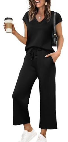 Saloogoe Lounge Sets for Women 2 Piece Summer Outfits Matching Sets Women Clothing Vacation Outfits Business Casual Work Wide Leg Crop Pants Airport Travel Outfits 2025 Black M