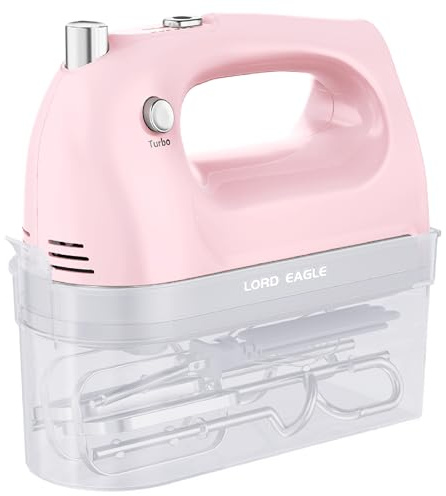 Lord Eagle Hand Mixer Electric Handheld 400W, 5-Speed Lightweight Kitchen Mixer with Storage Case, 5 Stainless Steel Attachments for Baking Cake Egg Cream Food Beater, Turbo+Eject Button, Pink