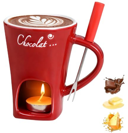 Chocolate Fondue Mug with Forks, Ceramic Chocolate Melting Cup, Butter Warmers Pot, Candle Minis Simmer Mug for Chocolates, Cheese, Butter (Red)