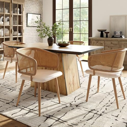 Tidyard Esszimmerstühle, 2er Set mit Rattan-Rückenlehne und PU-Leder Sitzkissen, bequem und atmungsaktiv, moderner Design, Metallbeine mit Holzoptik, für Küche, Wohnzimmer und Café