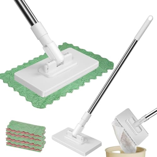 Wischmopp mit Druck-Klemm-System, 2026 Neu Mini Mop Wischer Mop Ohne Händewaschen, Automatisches Klemmtuch EIN Knopf Zum Wechseln mit 4 Stück Mop Pads für Familie Büro Küche (1 Stück)