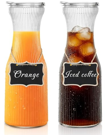 INSETLAN 1 Liter 2 Pack Glass Carafe with Plastic Lid, Ribbed Glass Water Jug for Water, Juice & Iced Tea, Glass Pitchers for Restaurants & Home Use