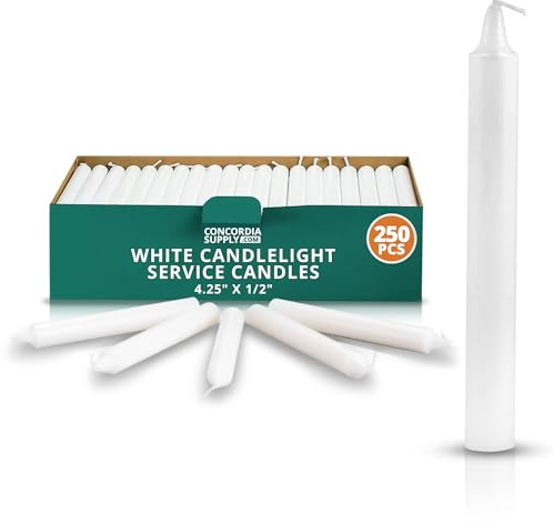 Concordia Supply Church Candles for Candlelight Service Vigil - 4.25 x 1/2 Bulk White Candles for Memorial, Congregational, Shabbat, Wedding, Communion, Baptism & Christmas Ceremonies - Box of 250