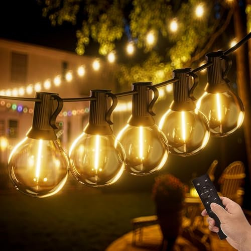 Yuucio Outdoor String Lights Dimmable 100FT, 30M LED Festoon Lights with Remote Control Mains Powered with 52 Shatterproof G40 Plastic Bulbs, Waterproof Garden Light for Balcony, Bistro, Wedding