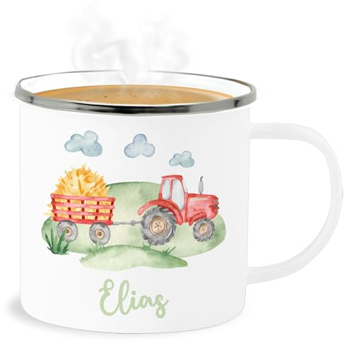 Emaille Becher Blechbecher - Traktor Trecker Bauer Schlepper Landwirtschaft Bulldog - 300 ml - Weiß Silber - tasse bauernhof personalisierte kinder geschenke traktoren tractor tassen traktortasse