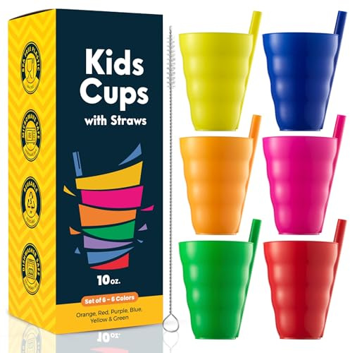 Kids halmkoppar - (set med 6) 10 oz koppar för barn med inbyggda sugrör för dagligt bruk, stapelbara BPA-fria plastsip-a-cup dryckesglas för vatten, juice, mjölk, diskmaskinssäkra, neonfärger