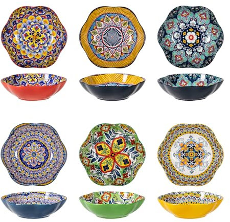 HENXFEN LEAD ensaladera de porcelana, 590ml tazón de postre tazón de cereal, tazón de pasta en forma de flor para helado, arroz, postre, etc. Colorido, Paquete de 6 - Estilo Bohemio