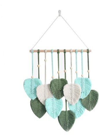 Yuattory Foglie Murali in Macramé, Decorazione da Parete in Macramé Boho, Arazzo con Pompon di Foglie Tessute a Mano, A