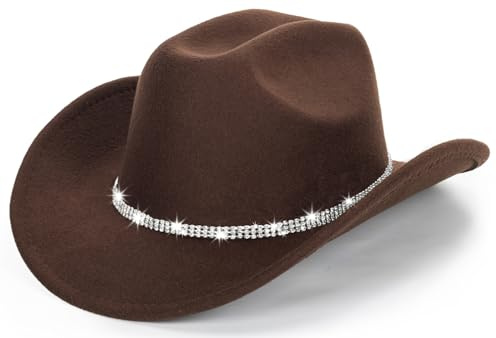 Sombrero de vaquero con diamantes de imitación occidentales para mujer, sombrero de jazz con banda brillante, Café con diamantes de imitación, M