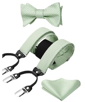 HISDERN Bretelle Da Uomo Verde Salvia A Forma Di Y Paisley Con 6 Robusti Fermagli Lunghezza Regolabile Bretelle Da Uomo E Papillon Con Fazzoletto Da Taschino