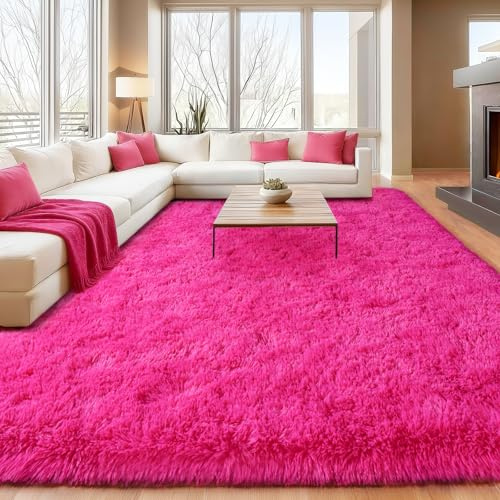 Hot Pink Living Room Area Rug High Pile Fluffy Rugs Cozy Fuzzy Carpet 4x6ft