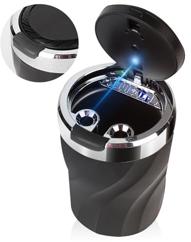 Auto Aschenbecher, Aschenbecher Auto mit Federabdeckel, Tragbarer Edelstahl rauchfreien Aschenbecher mit LED Licht, für Autos Van Outdoors Camping (Schwarz)