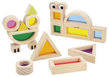 Janod - Bloc à Assembler en Bois - Jeu d'Eveil Sensoriel - 18 Blocs et 6 Cartes Modèles - Appentissage des Formes et Couleurs - Développe La Motricité Fine - Jouet en Bois - Dès 12 Mois - J05306