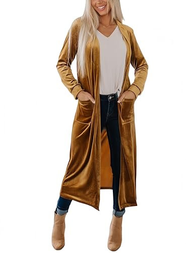 LCDIUDIU Cardigan In Velluto Da Donna con Apertura Frontale, Trench Lungo Senza Collo, Giacca Spolverino Comoda In Velluto, Giacca Per Donna, Capispalla Primavera Autunno Oro S
