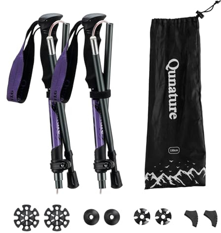 Qunature Wanderstöcke Faltbar Trekkingstöcke Leichte Zusammenklappbare 7075 Aluminium 110-130cm für Frauen und Männer Wandern Hiking Outdoor Ski Lila 1 Paar