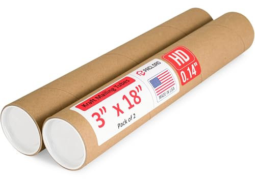 3 x 18 Heavy Duty Made in USA Kraft Paper Mailing Tube, 2 Tubes, 4 Caps | USPS Approved Cardboard Tube for Shipping and Storing Posters, Prints, Artwork, and Documents