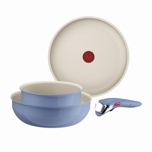 Tefal Ingenio Blue 4-Piece Non-Stick Cookware Set – Induction Frying Pan, Wok, Saucepan, Detachable Handle, Oven Safe, Stackable, Compact RV Kitchen Organiser, L8294S04