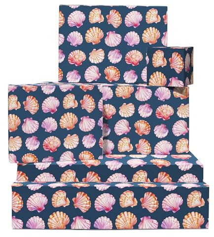 Papel de regalo Seashell - 6 hojas de papel de regalo con tema de playa oceánica para mujeres, niñas, cumpleaños, boda, aniversario, conchas rosas y moradas, azul, viene con etiquetas por Central 23