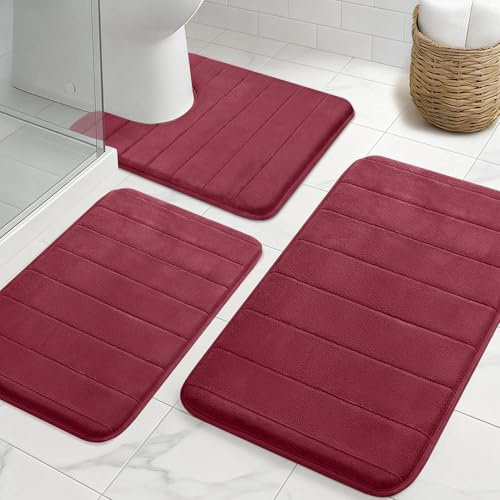 NAKIHOUSE Badezimmerteppich Set 3 Teilig aus Dicke Memory Foam rutschfest Saugfähig Waschbar Weich Schnell Trocknend Badematte Set und U Förmige wc Vorleger für Dusche, WC & Badewanne,Weinrot