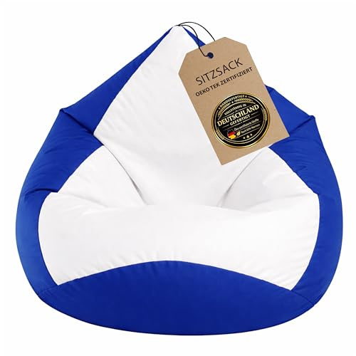 BuBiBag Sitzsack XXL Kinderzimmer – Bean Bag fertig befüllt – Oeko-Tex – wasserabweisend – Kinder & Erwachsene – königblau-weiß – 120x95cm