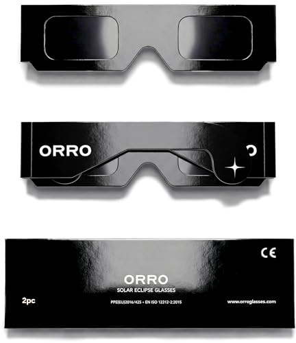 ORRO Occhiali per Eclissi Solare 37 mm, Confezione da 2/6/12/50, Neri, Protezione Oculare Certificata, Testati EN ISO 12312-2:2015, Marcatura CE per Osservazione Solare Diretta - Vestibilità Classica