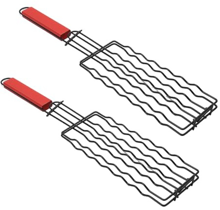 Tnfeeon Holds 6 Sausages Wooden Handle BBQ Grill Rack for Grilling Backyard Camping Picnics Non Stick Iron Mesh Clamp 2pcs Hot Dog Grill Basket Hot Dog Basket (Black)
